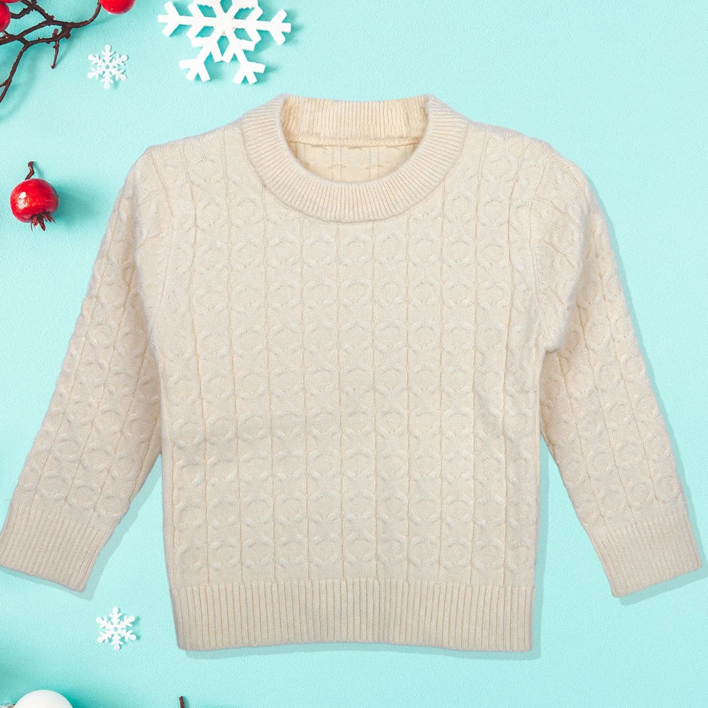 Classic Solid Round Neck Premium Full Sleeves Cable Knit Sweater - Off White