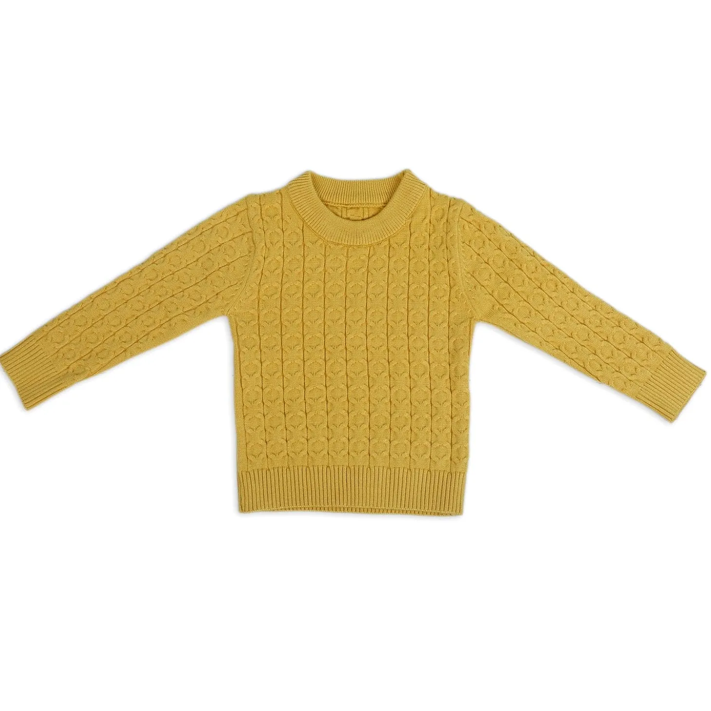 Classic Solid Round Neck Premium Full Sleeves Cable Knit Sweater - Mustard