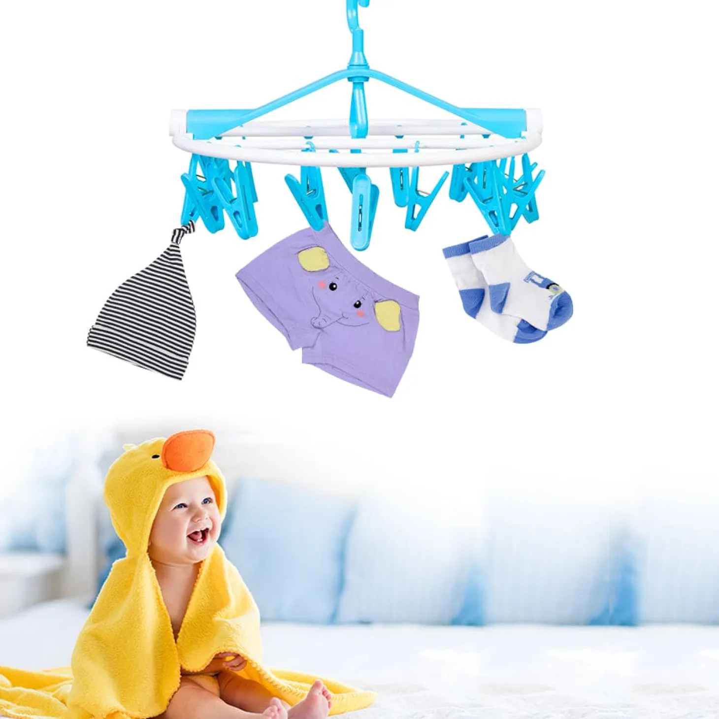Clothes Hanger Round Foldable 18 Clips Blue