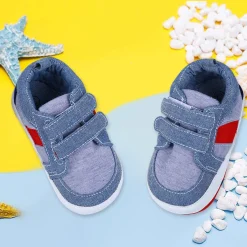 Colour Blocked Cute And Casual Denim Velcro Booties - Blue And Red