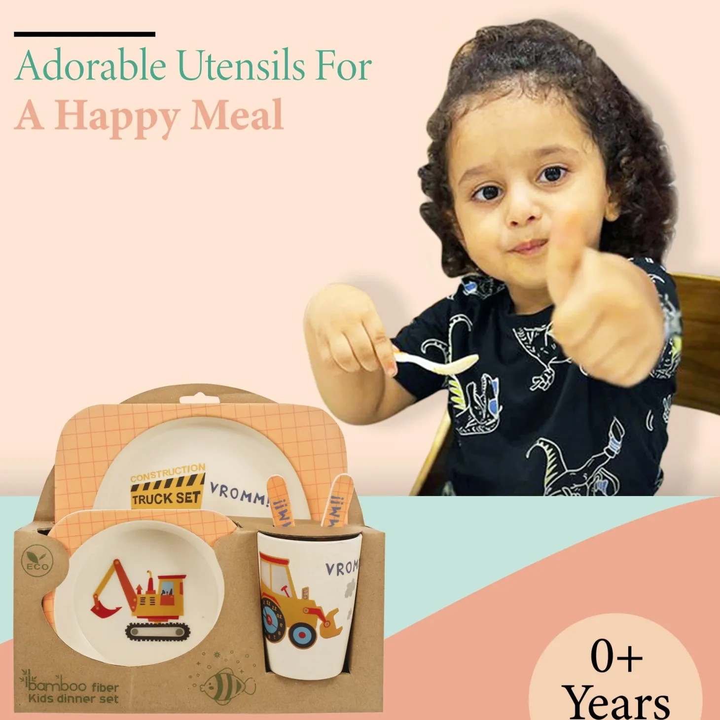 Construction Trucks Yellow Bamboo Fiber Dinner Set