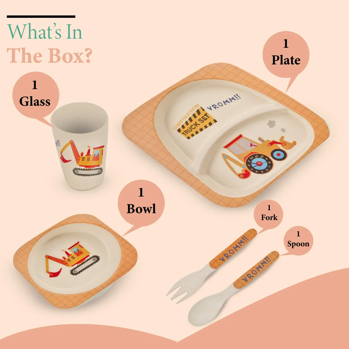 Construction Trucks Yellow Bamboo Fiber Dinner Set