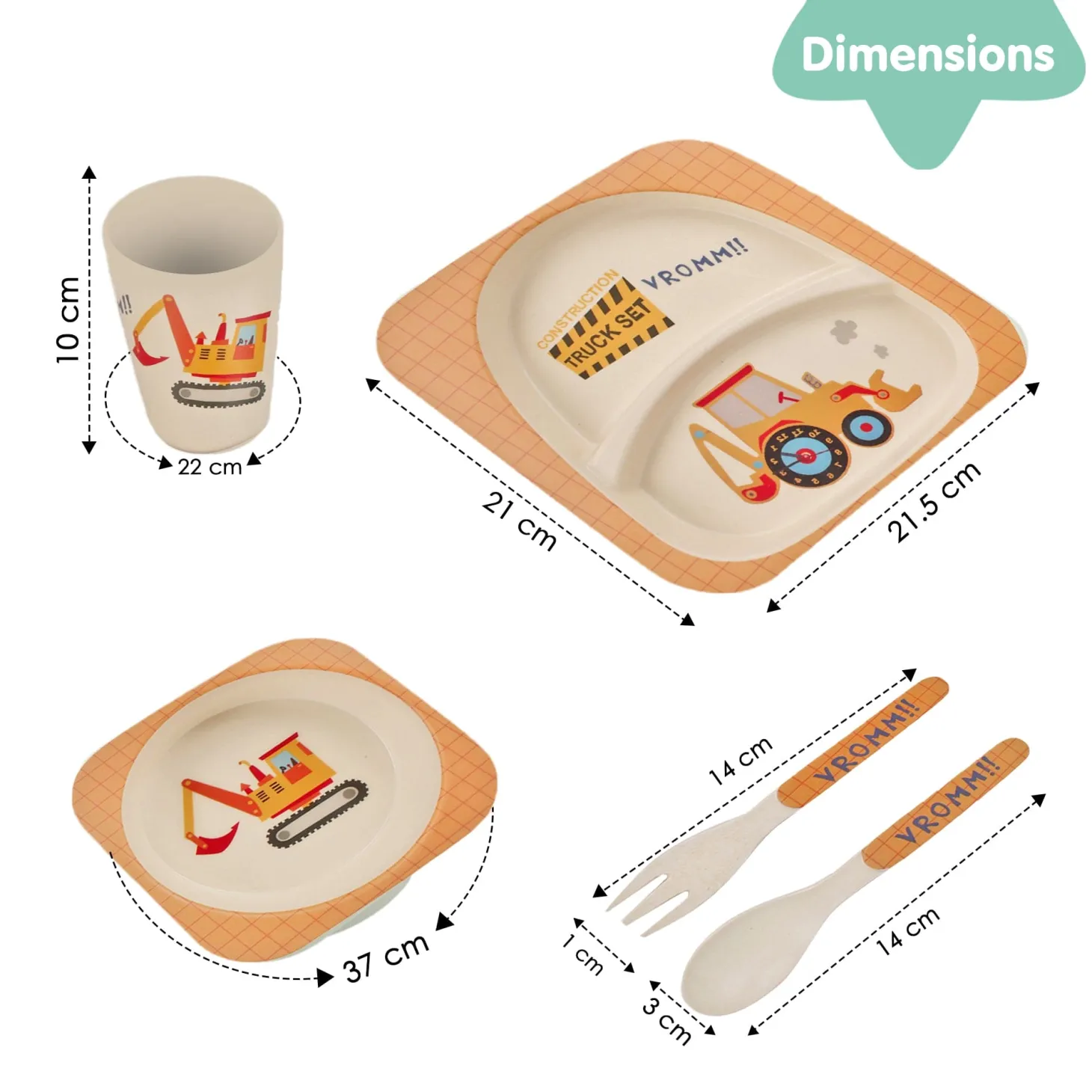 Construction Trucks Yellow Bamboo Fiber Dinner Set