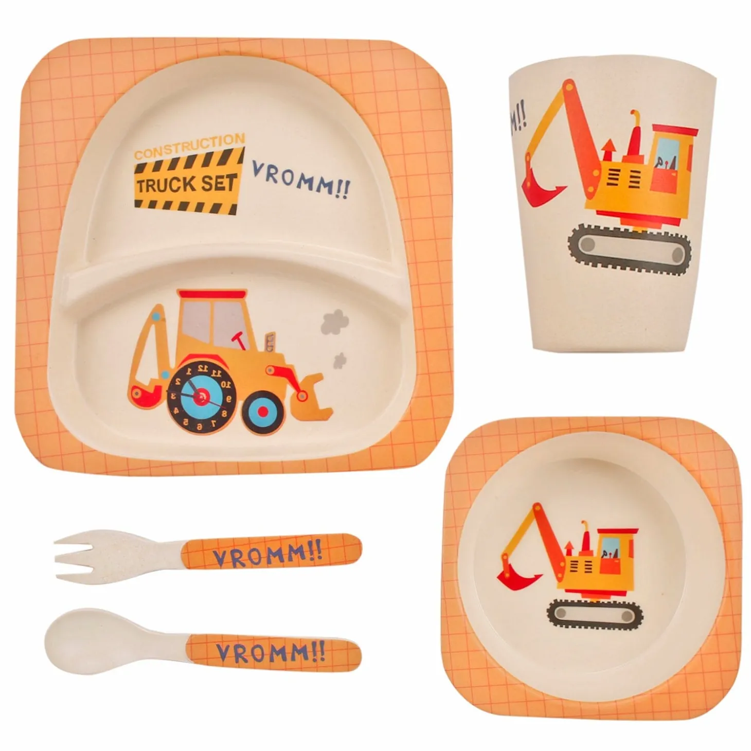 Construction Trucks Yellow Bamboo Fiber Dinner Set