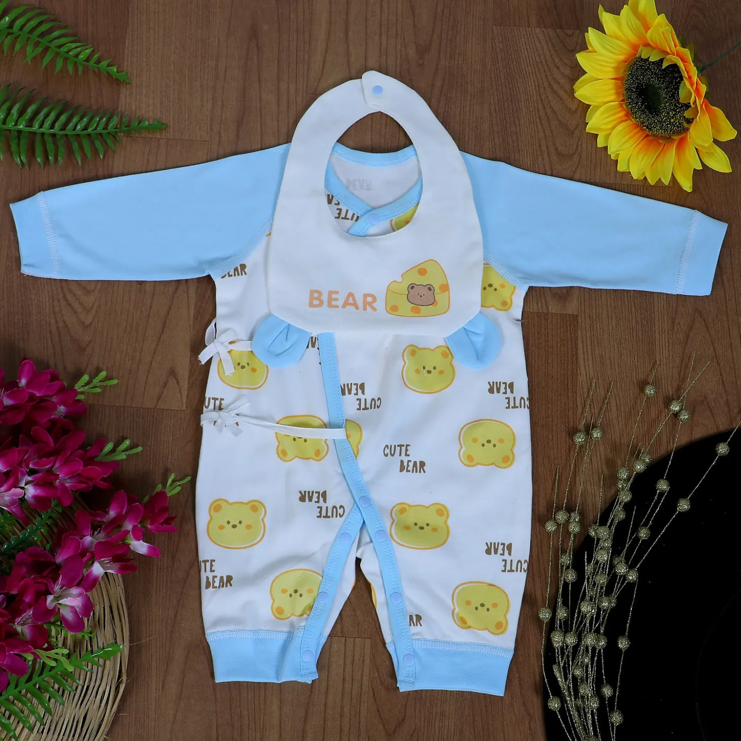 Cute Bear Full Sleeves One-Piece Body Suit With Snap Buttons Tie Knot And Matching Bib - Blue