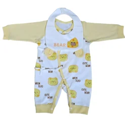Cute Bear Full Sleeves One-Piece Body Suit With Snap Buttons Tie Knot And Matching Bib - Yellow