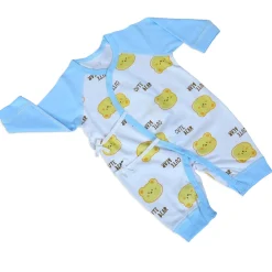 Cute Bear Full Sleeves One-Piece Body Suit With Snap Buttons Tie Knot And Matching Bib - Blue