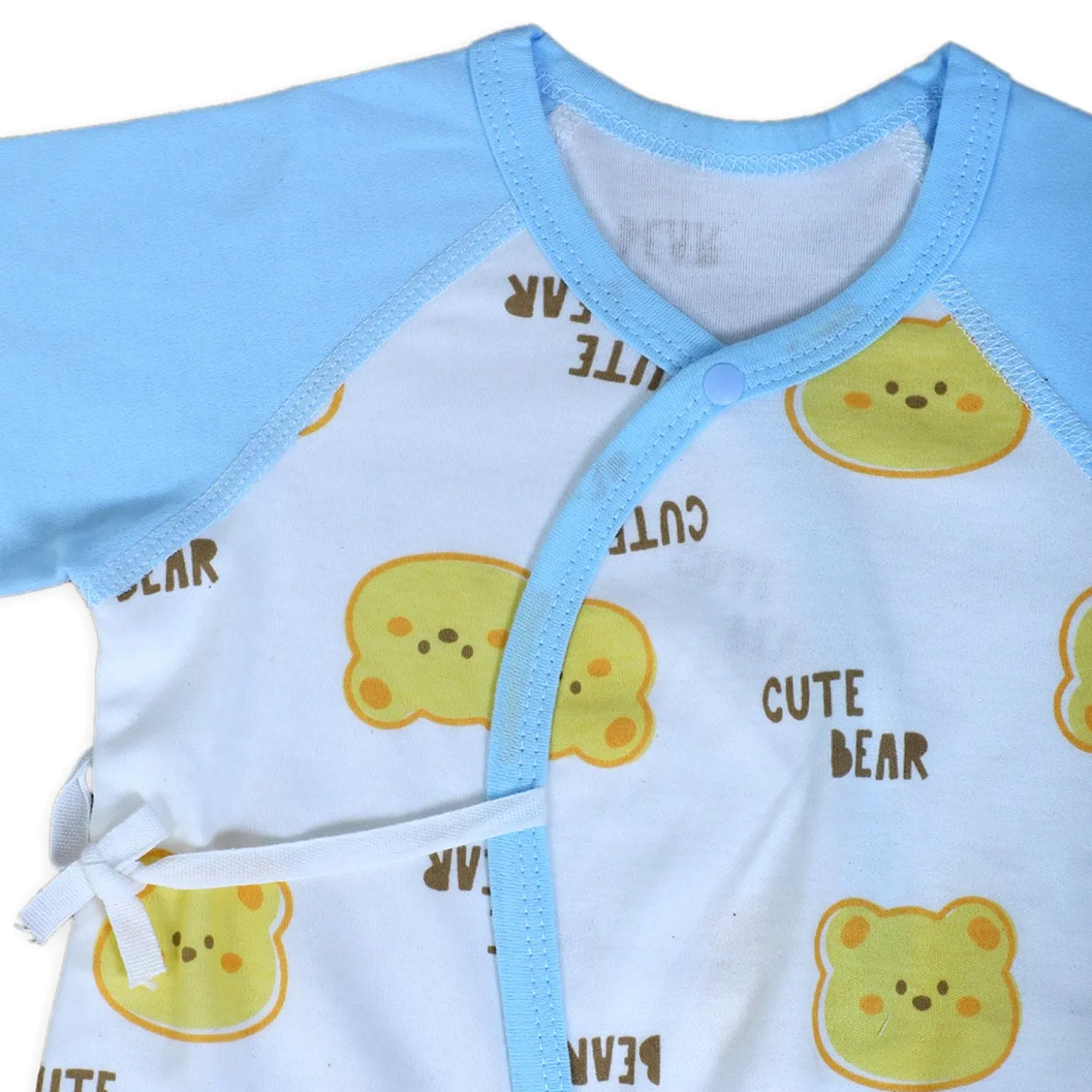 Cute Bear Full Sleeves One-Piece Body Suit With Snap Buttons Tie Knot And Matching Bib - Blue
