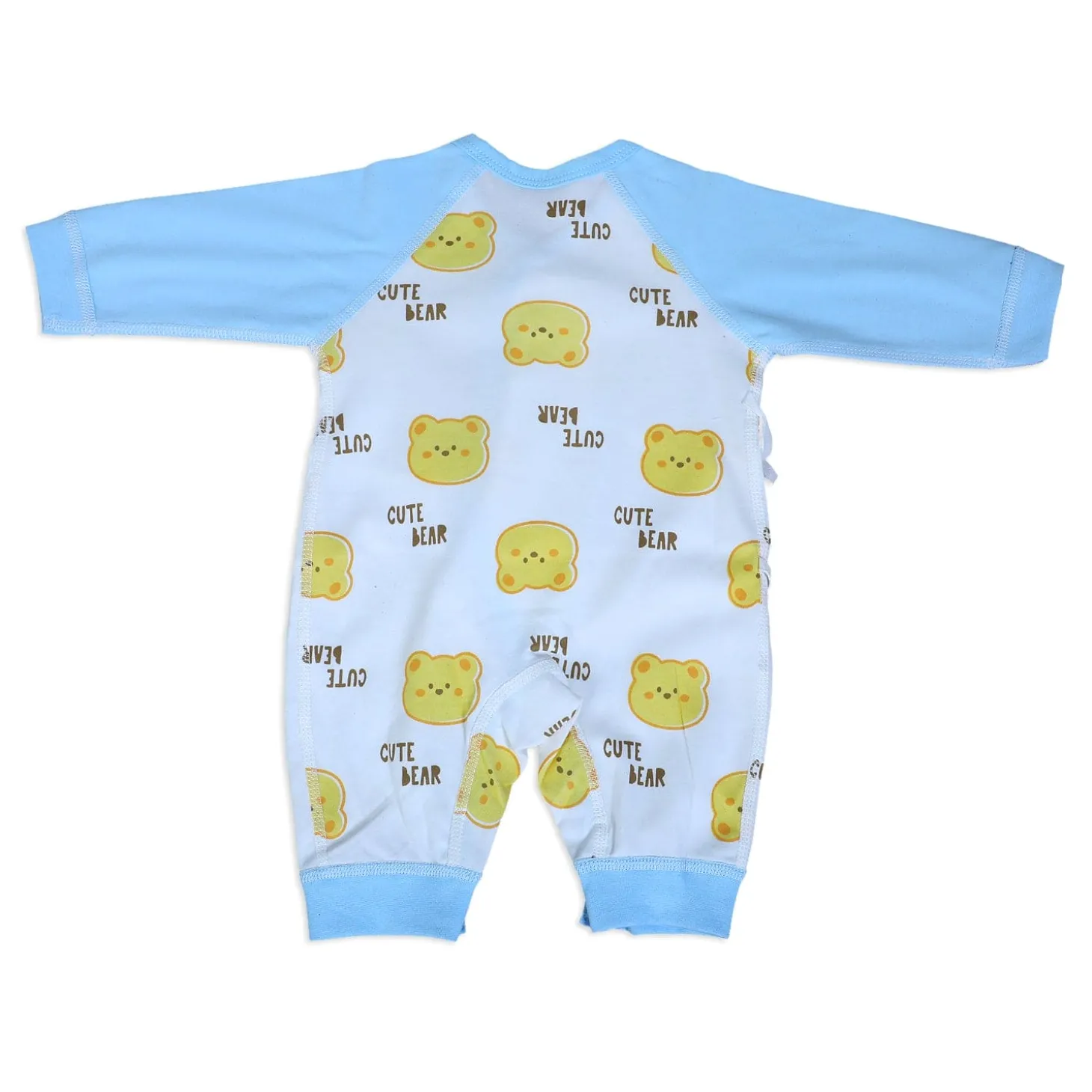 Cute Bear Full Sleeves One-Piece Body Suit With Snap Buttons Tie Knot And Matching Bib - Blue