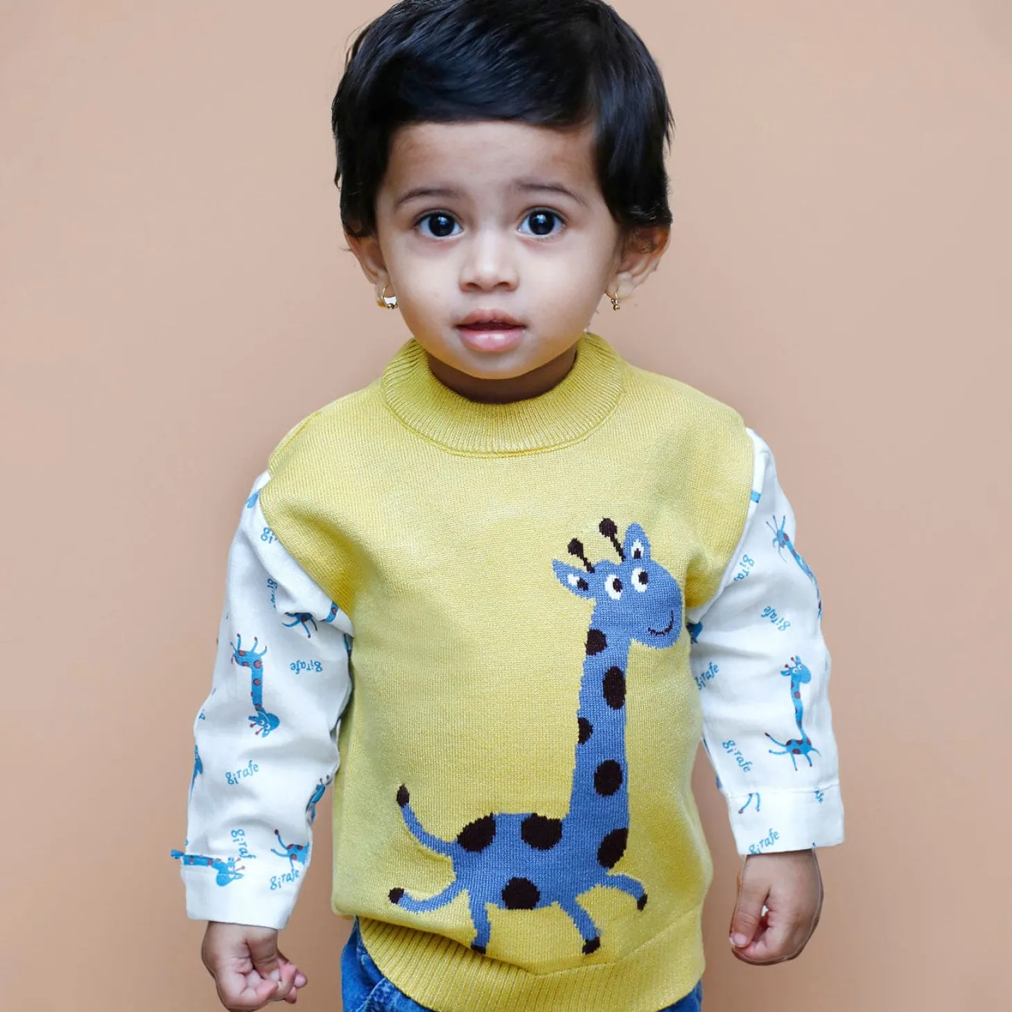 Cute Giraffe Premium Full Sleeves Knitted Sweater - Mustard And White