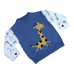 Cute Giraffe Premium Full Sleeves Knitted Sweater - Blue And White