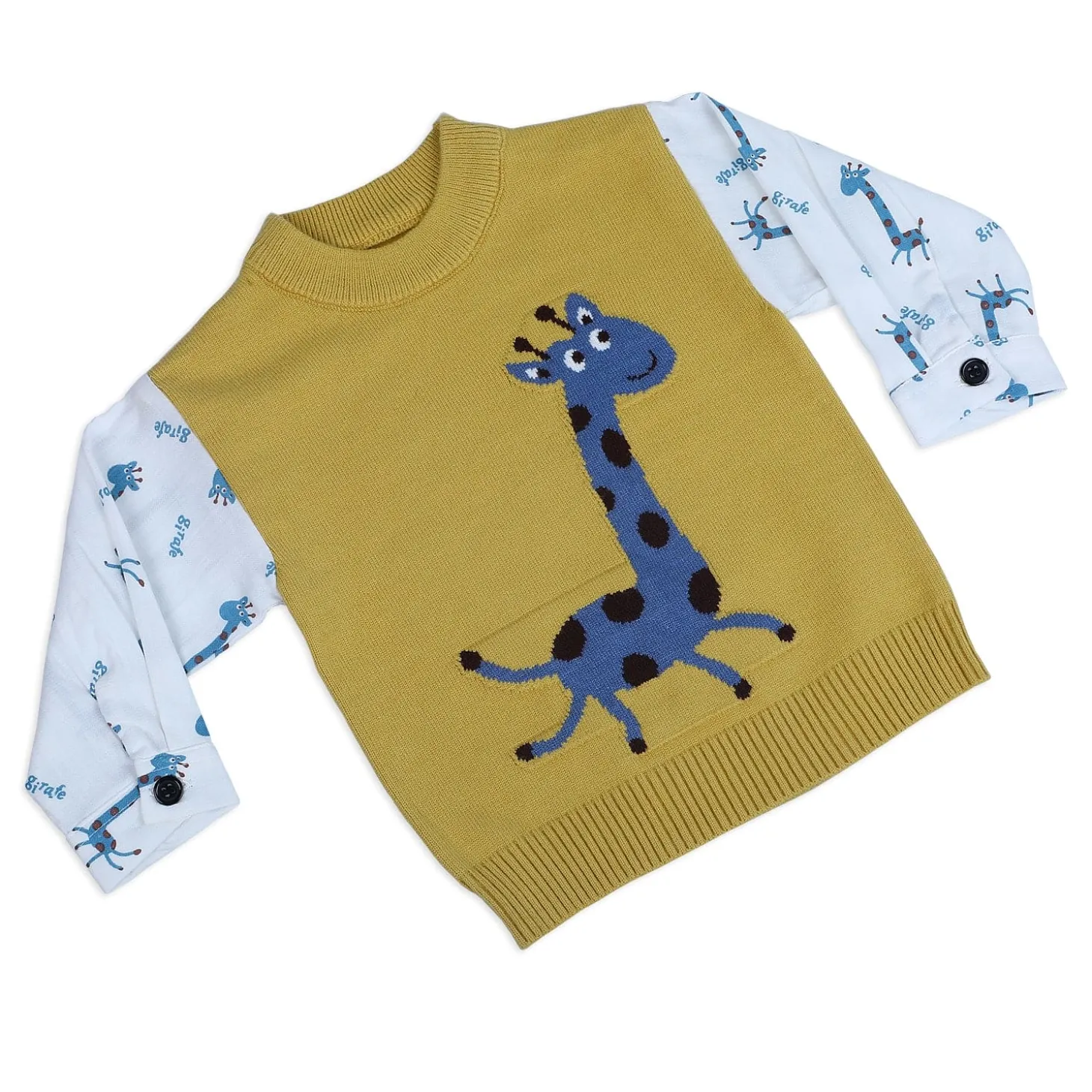 Cute Giraffe Premium Full Sleeves Knitted Sweater - Mustard And White