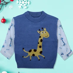 Cute Giraffe Premium Full Sleeves Knitted Sweater - Blue And White