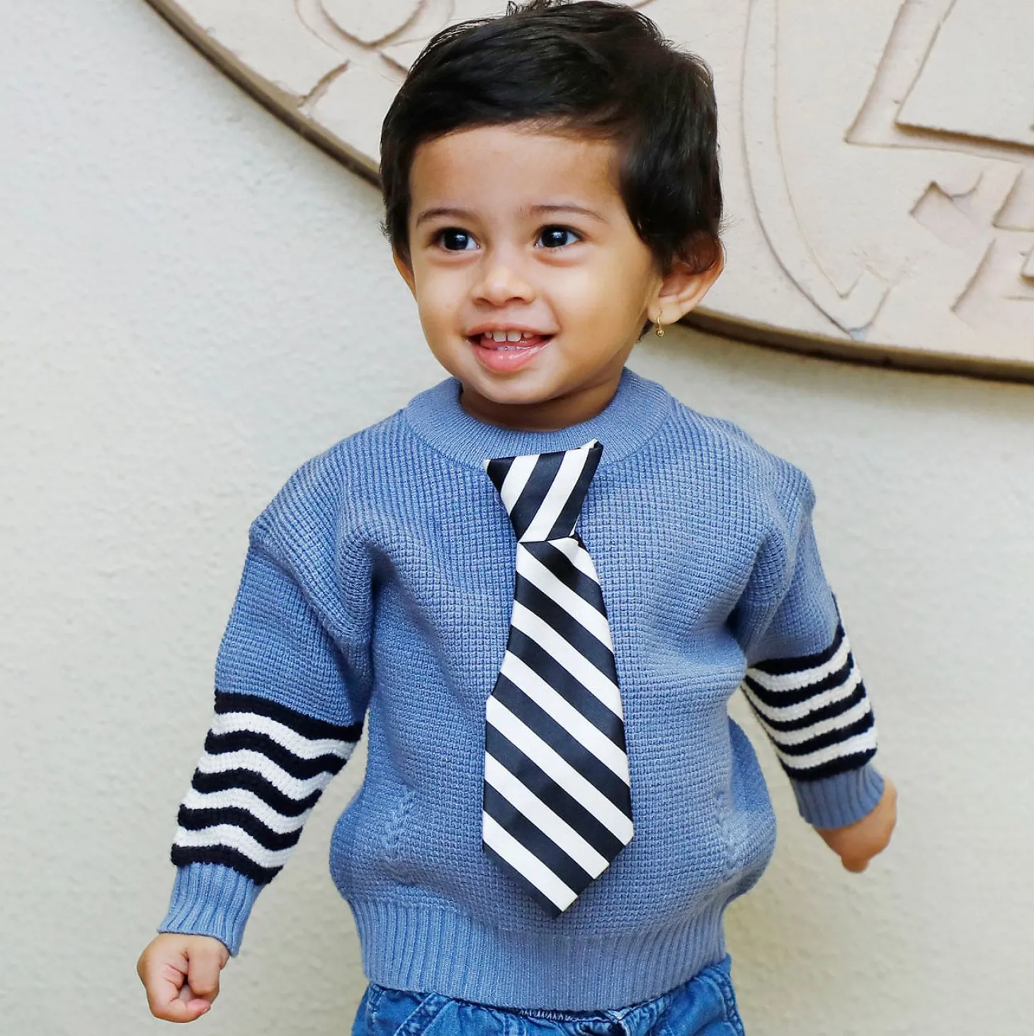 3D Neck Tie Premium Full Sleeves Knitted Sweater - Blue