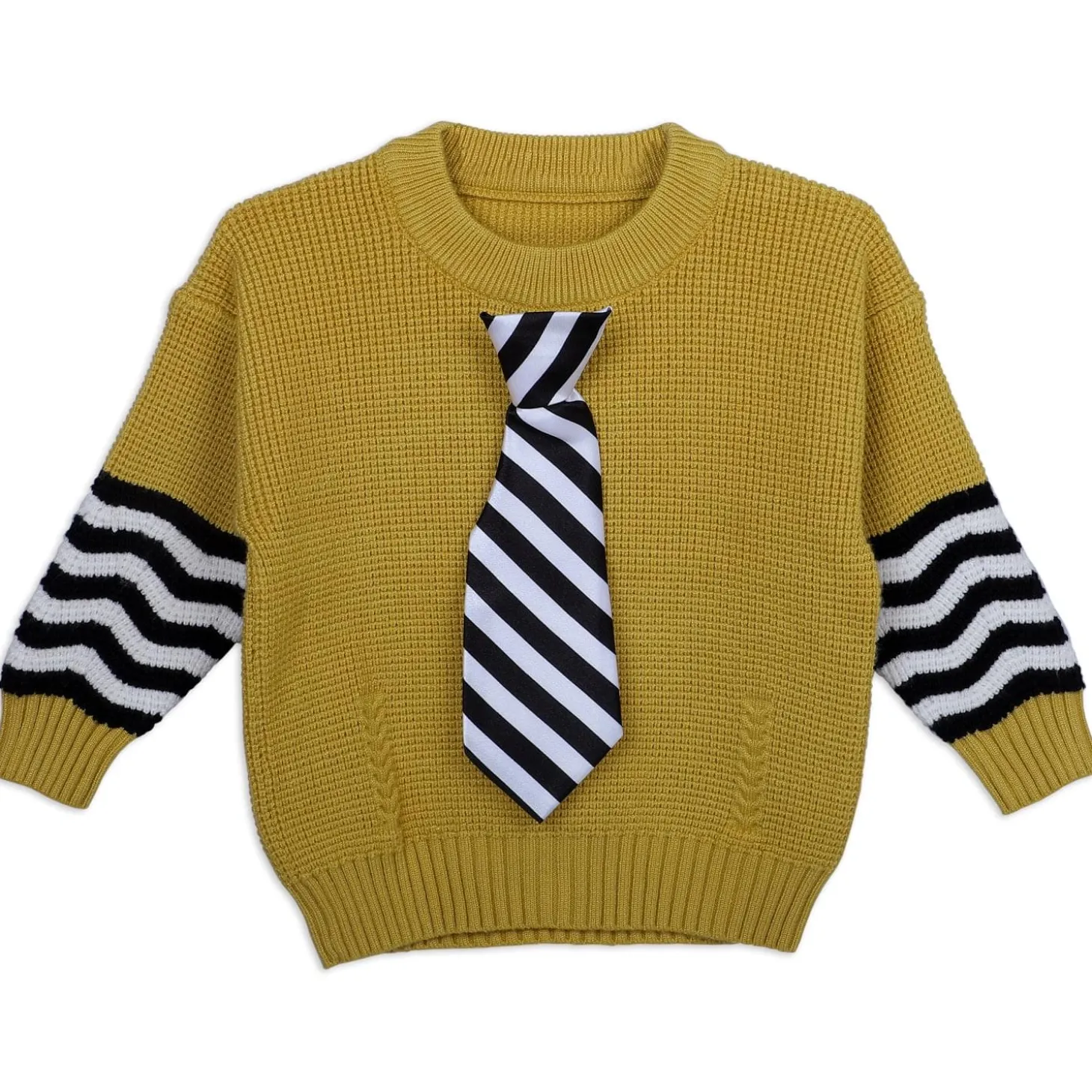 3D Neck Tie Premium Full Sleeves Knitted Sweater - Mustard