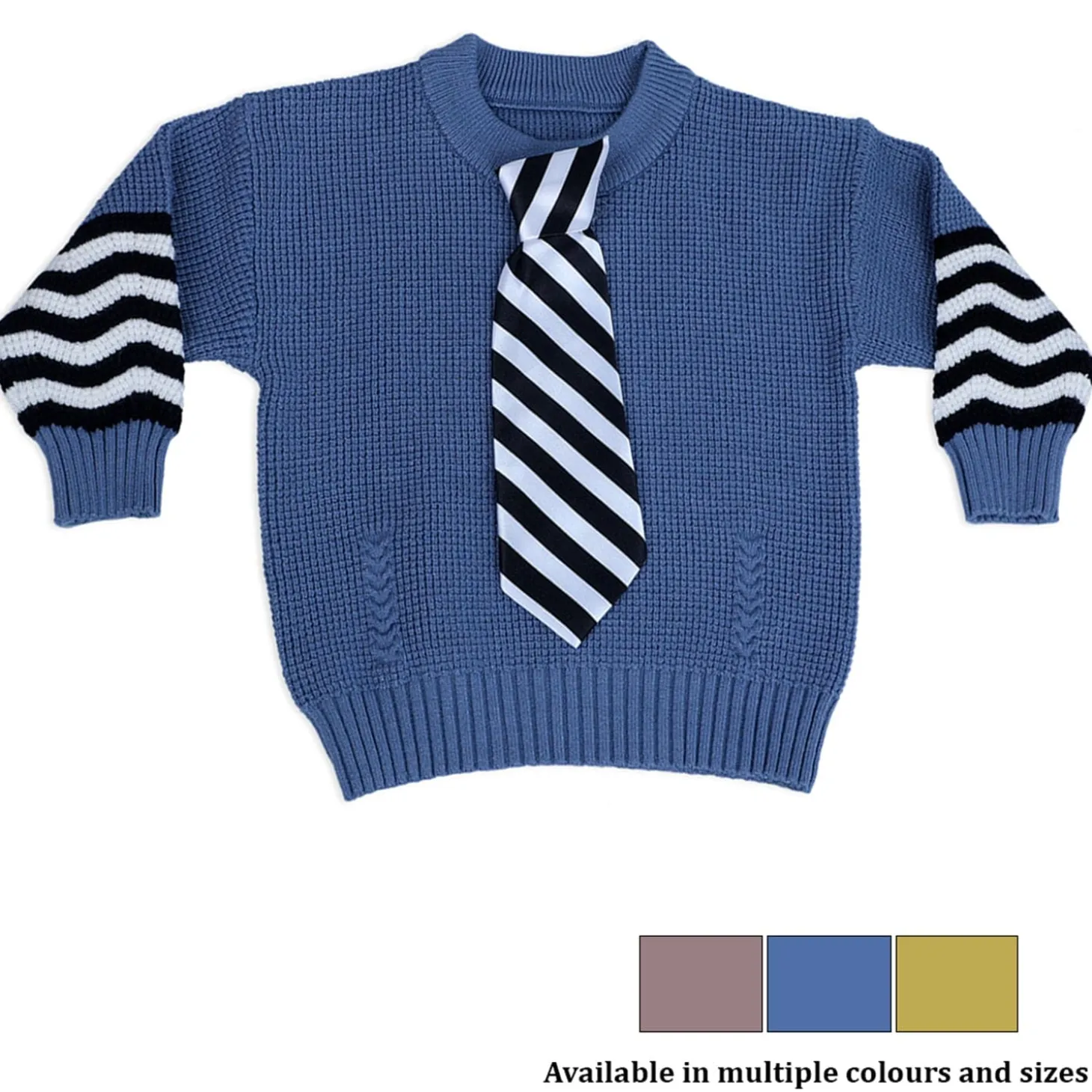 3D Neck Tie Premium Full Sleeves Knitted Sweater - Blue