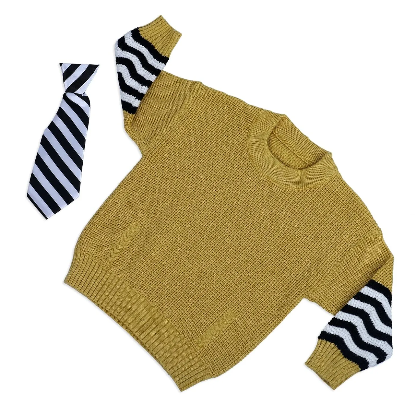 3D Neck Tie Premium Full Sleeves Knitted Sweater - Mustard