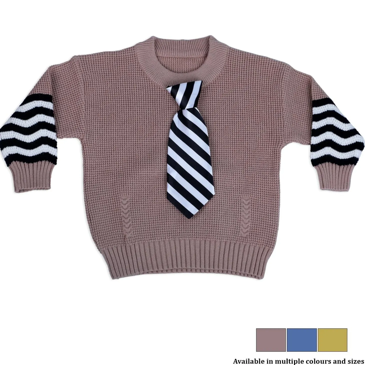 3D Neck Tie Premium Full Sleeves Knitted Sweater - Brown