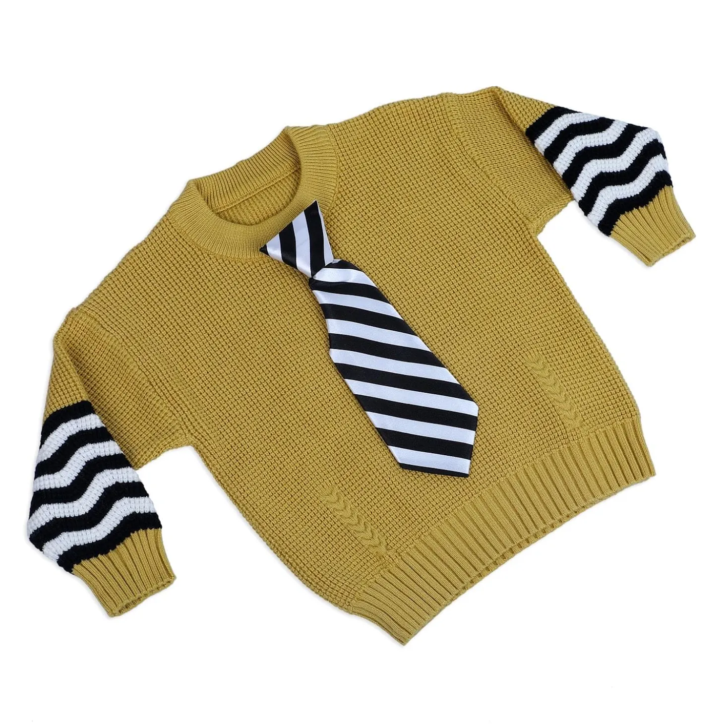 3D Neck Tie Premium Full Sleeves Knitted Sweater - Mustard