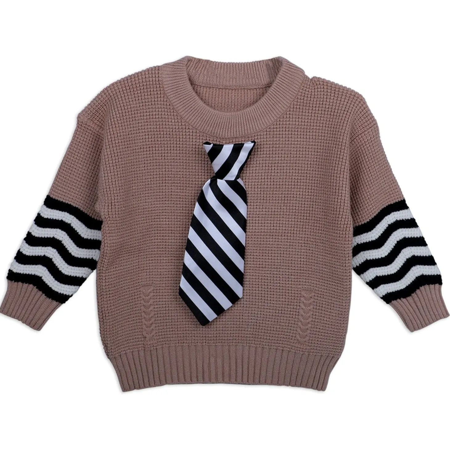 3D Neck Tie Premium Full Sleeves Knitted Sweater - Brown