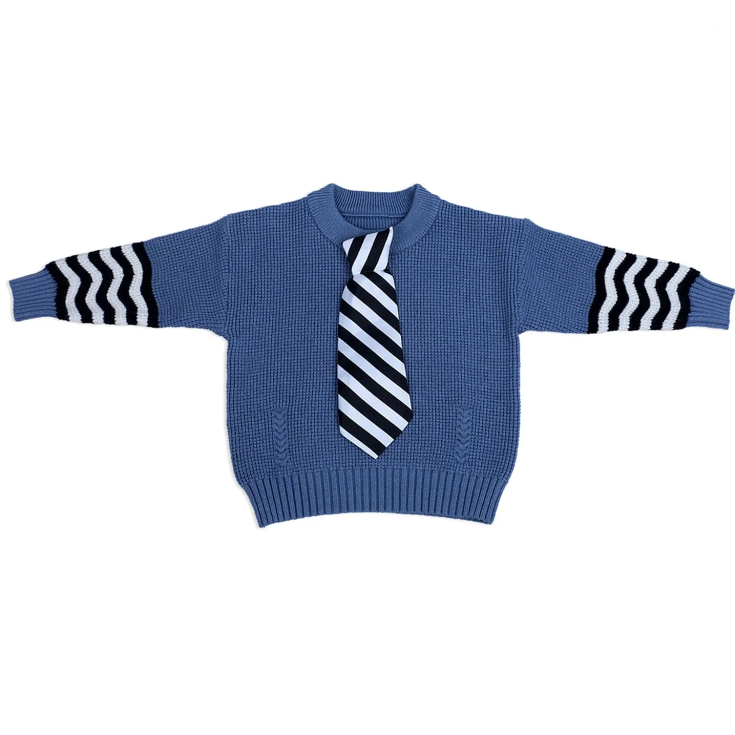 3D Neck Tie Premium Full Sleeves Knitted Sweater - Blue
