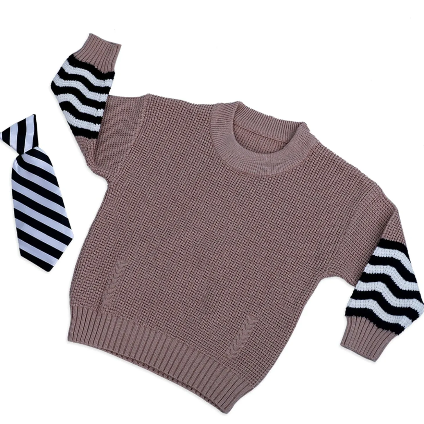 3D Neck Tie Premium Full Sleeves Knitted Sweater - Brown