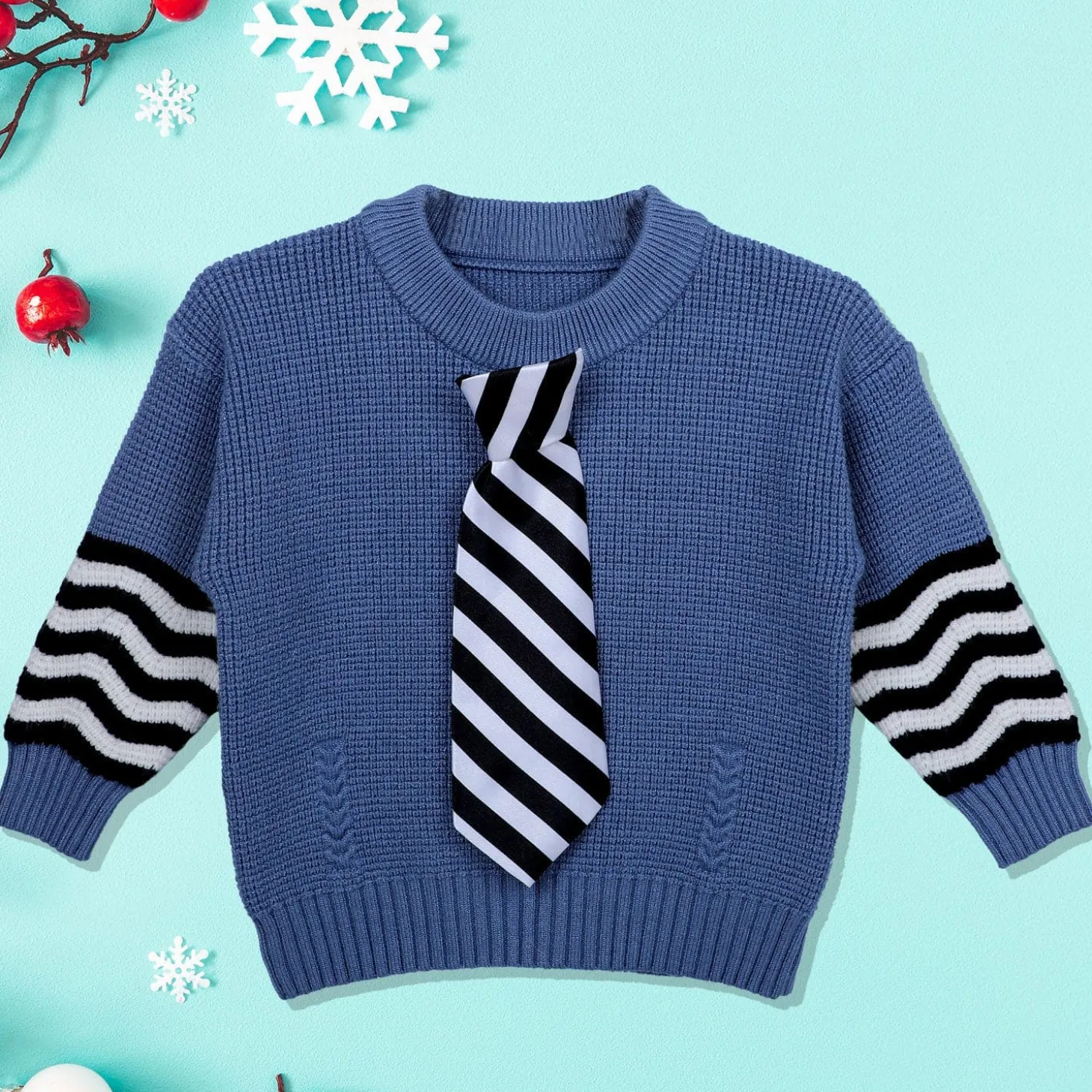 3D Neck Tie Premium Full Sleeves Knitted Sweater - Blue