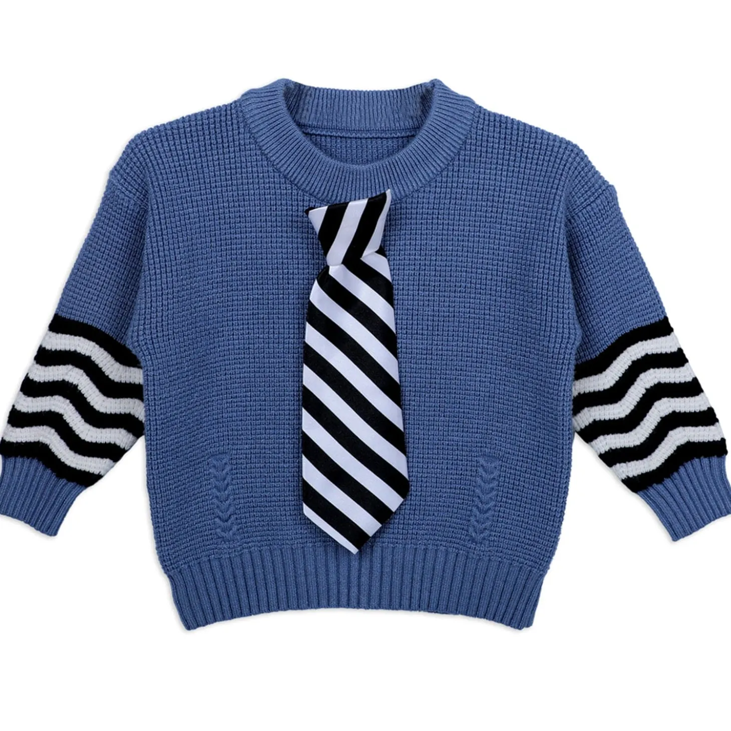 3D Neck Tie Premium Full Sleeves Knitted Sweater - Blue