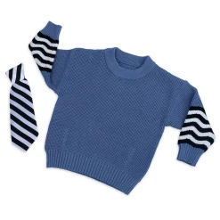 3D Neck Tie Premium Full Sleeves Knitted Sweater - Blue