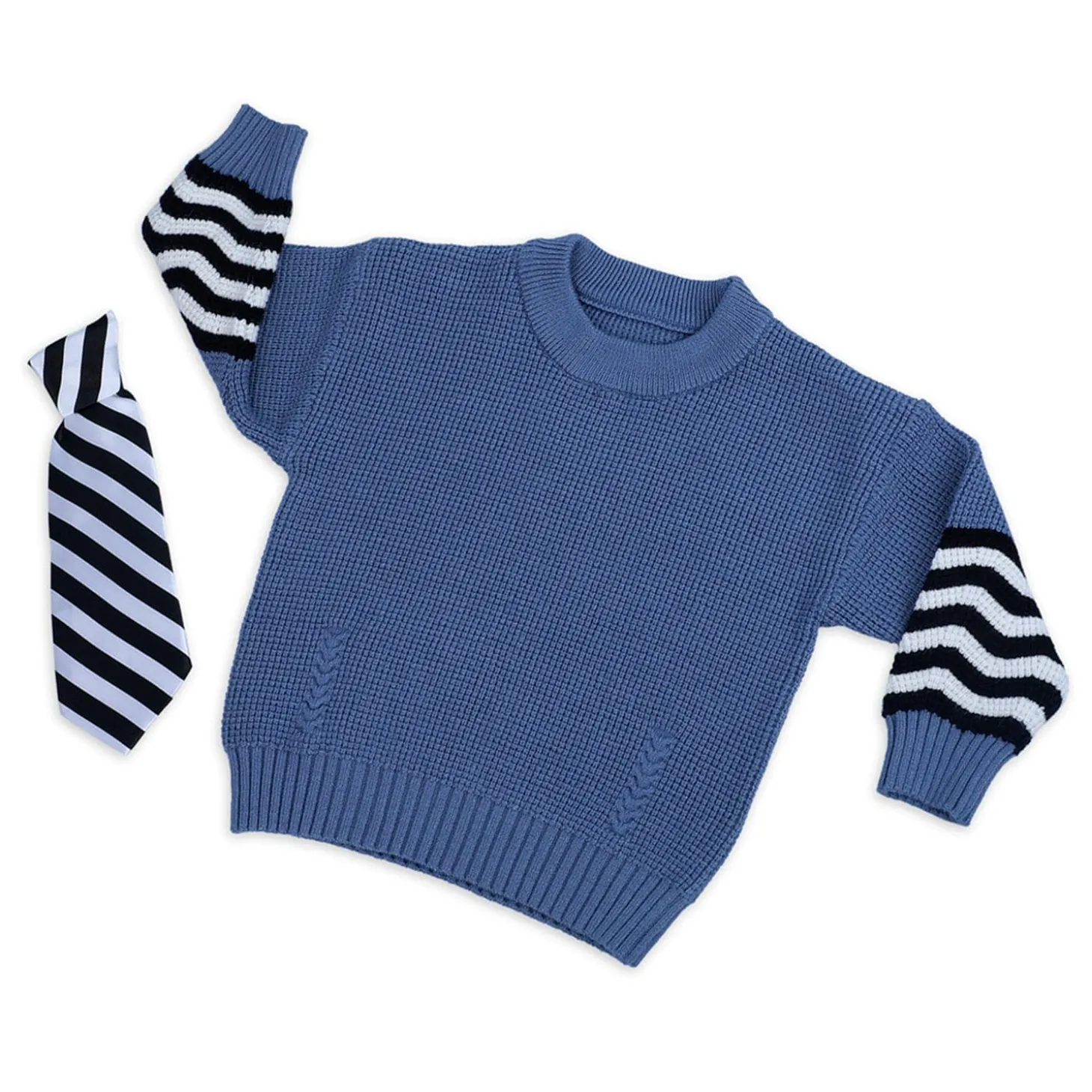 3D Neck Tie Premium Full Sleeves Knitted Sweater - Blue