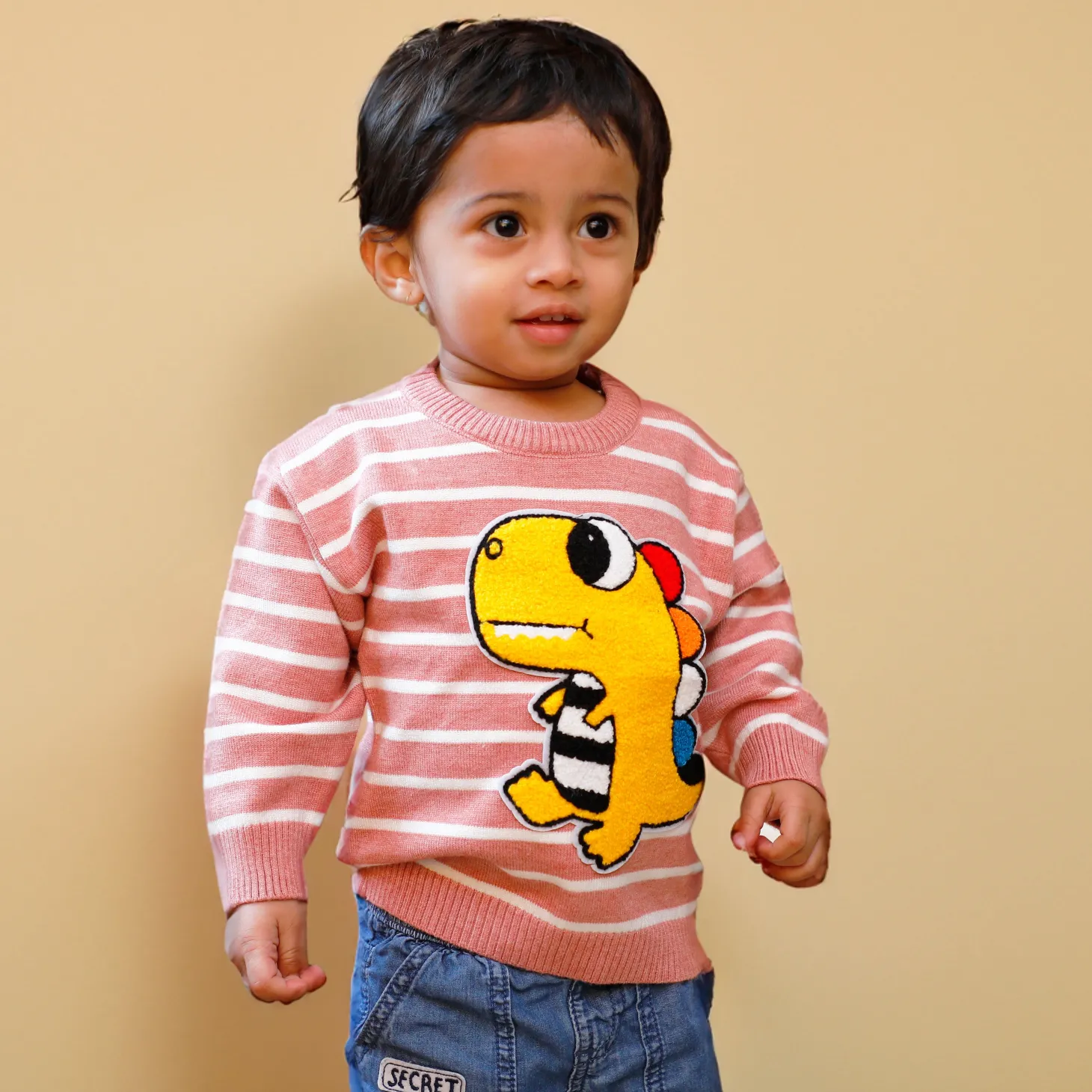 Dashing Dino Striped Premium Full Sleeves Knitted Sweater - Reddish Brown