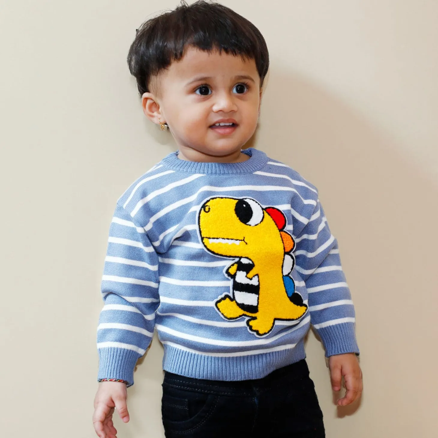 Dashing Dino Striped Premium Full Sleeves Knitted Sweater - Blue