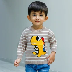 Dashing Dino Striped Premium Full Sleeves Knitted Sweater - Greyish Brown