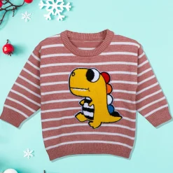 Dashing Dino Striped Premium Full Sleeves Knitted Sweater - Reddish Brown
