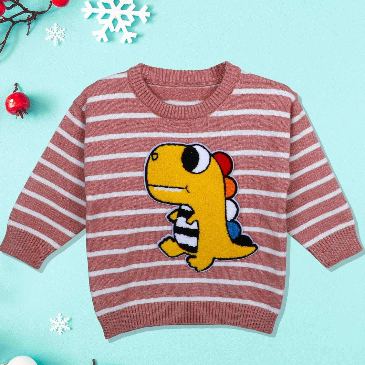 Dashing Dino Striped Premium Full Sleeves Knitted Sweater - Reddish Brown