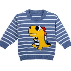 Dashing Dino Striped Premium Full Sleeves Knitted Sweater - Blue