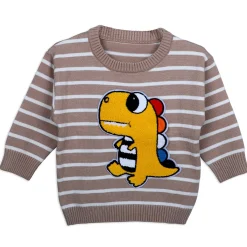 Dashing Dino Striped Premium Full Sleeves Knitted Sweater - Greyish Brown