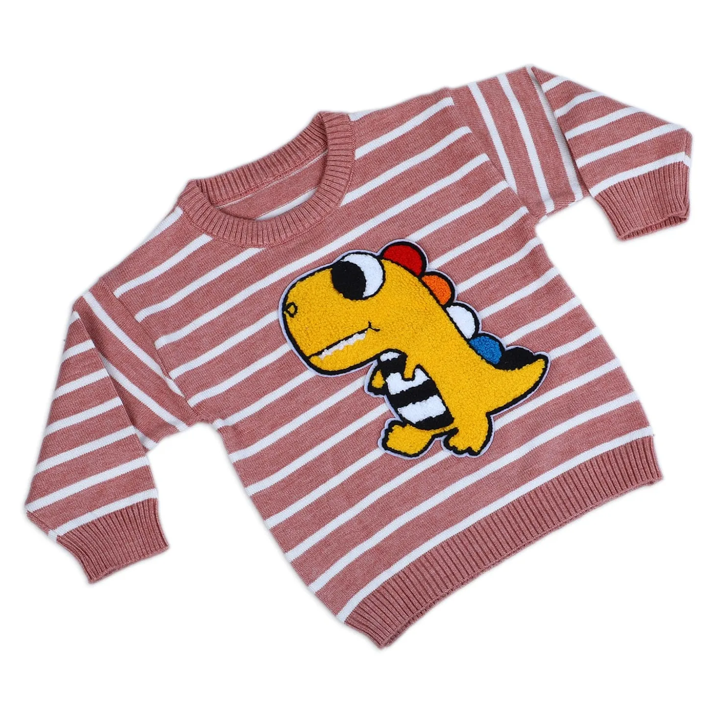 Dashing Dino Striped Premium Full Sleeves Knitted Sweater - Reddish Brown