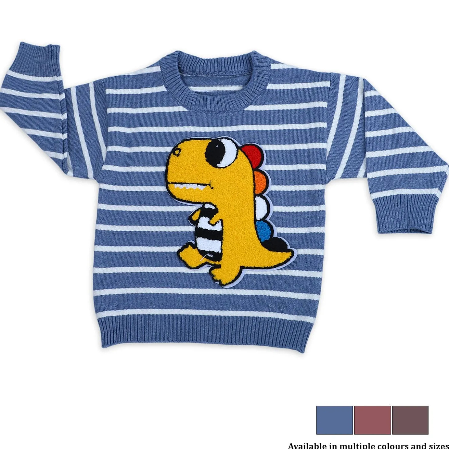 Dashing Dino Striped Premium Full Sleeves Knitted Sweater - Blue