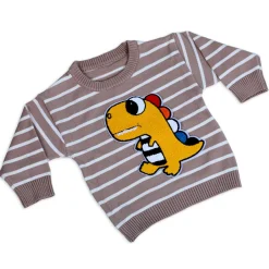 Dashing Dino Striped Premium Full Sleeves Knitted Sweater - Greyish Brown