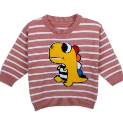Dashing Dino Striped Premium Full Sleeves Knitted Sweater - Reddish Brown