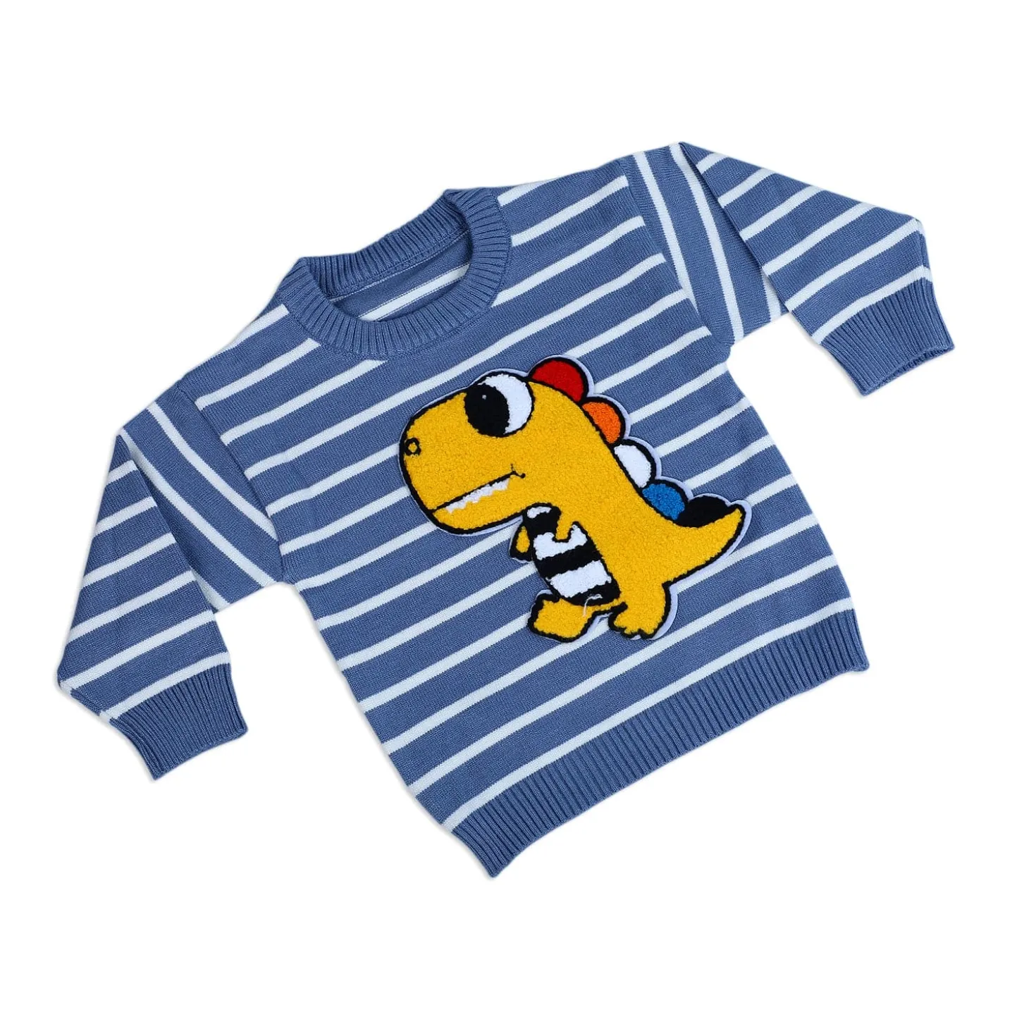 Dashing Dino Striped Premium Full Sleeves Knitted Sweater - Blue