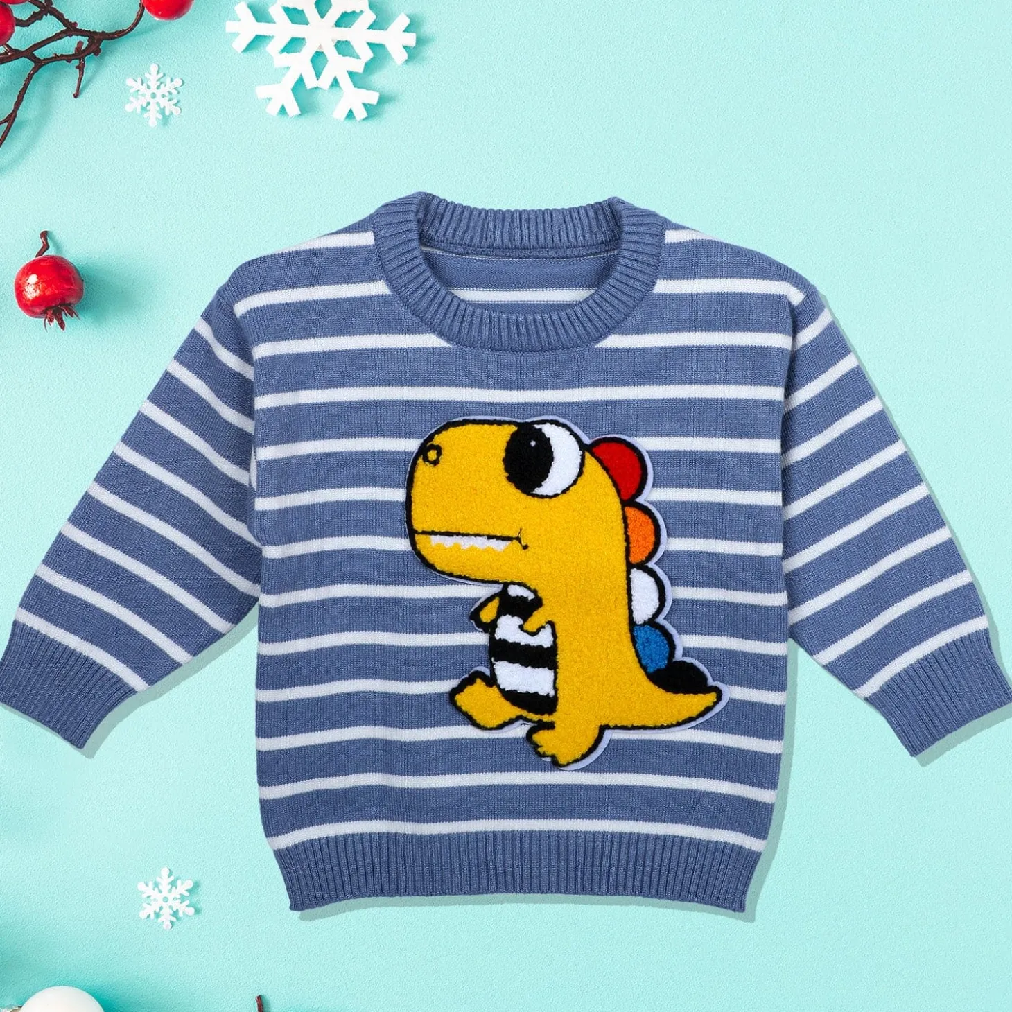 Dashing Dino Striped Premium Full Sleeves Knitted Sweater - Blue