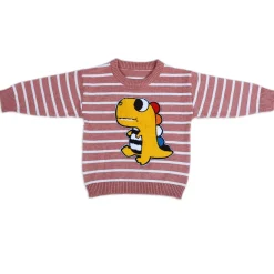 Dashing Dino Striped Premium Full Sleeves Knitted Sweater - Reddish Brown