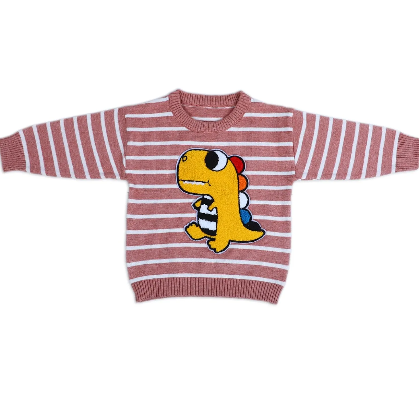 Dashing Dino Striped Premium Full Sleeves Knitted Sweater - Reddish Brown