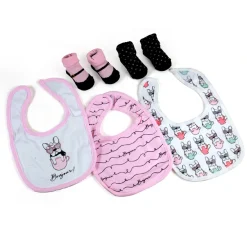 Dreaming Of Paris Pink And Black Set Of 3 Bibs And 2 Socks