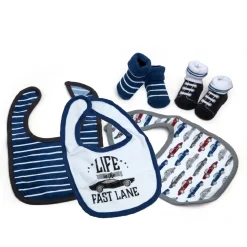 Driving In The Fast Lane Blue And White Set Of 3 Bibs And 2 Socks