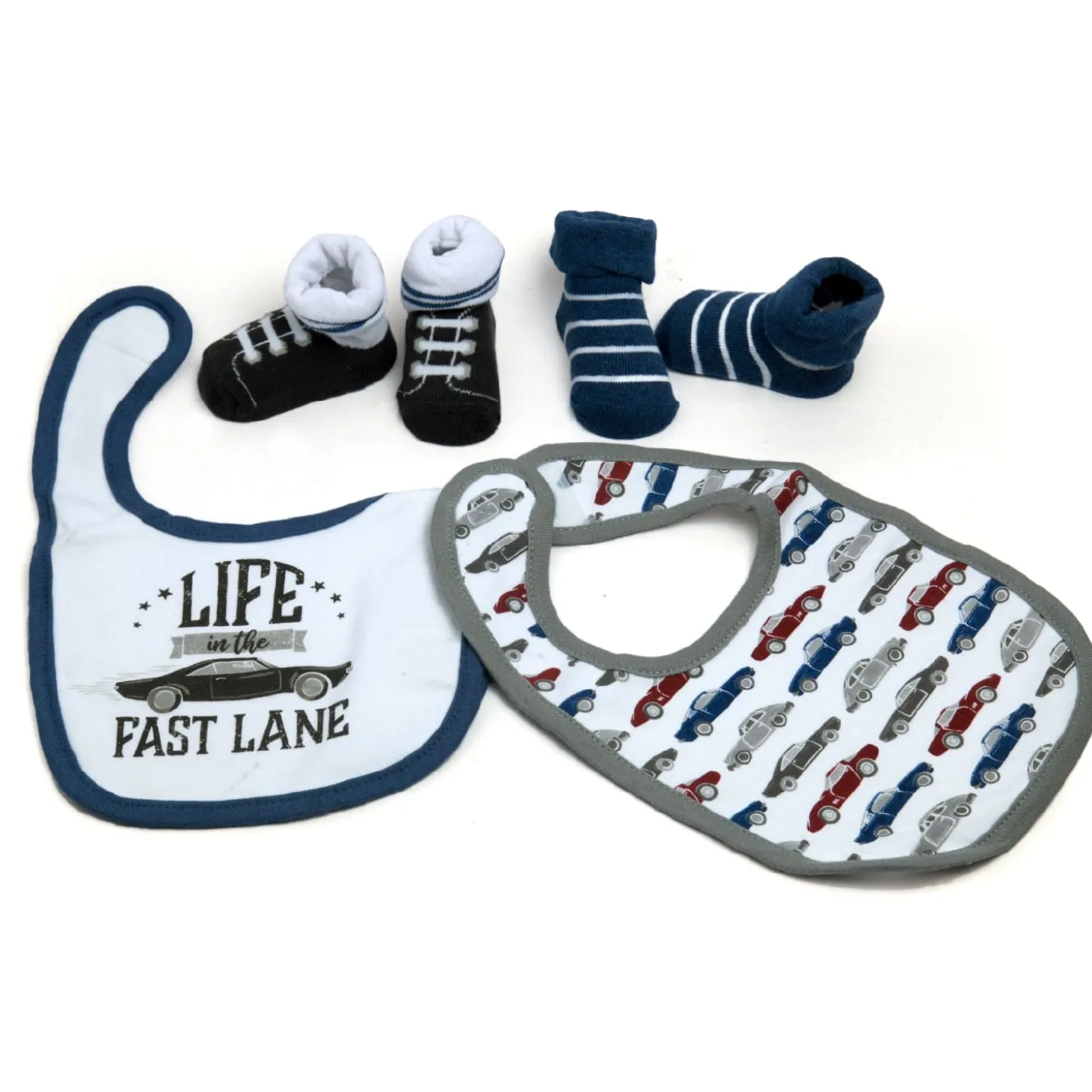 Driving In The Fast Lane Blue And White Set Of 3 Bibs And 2 Socks