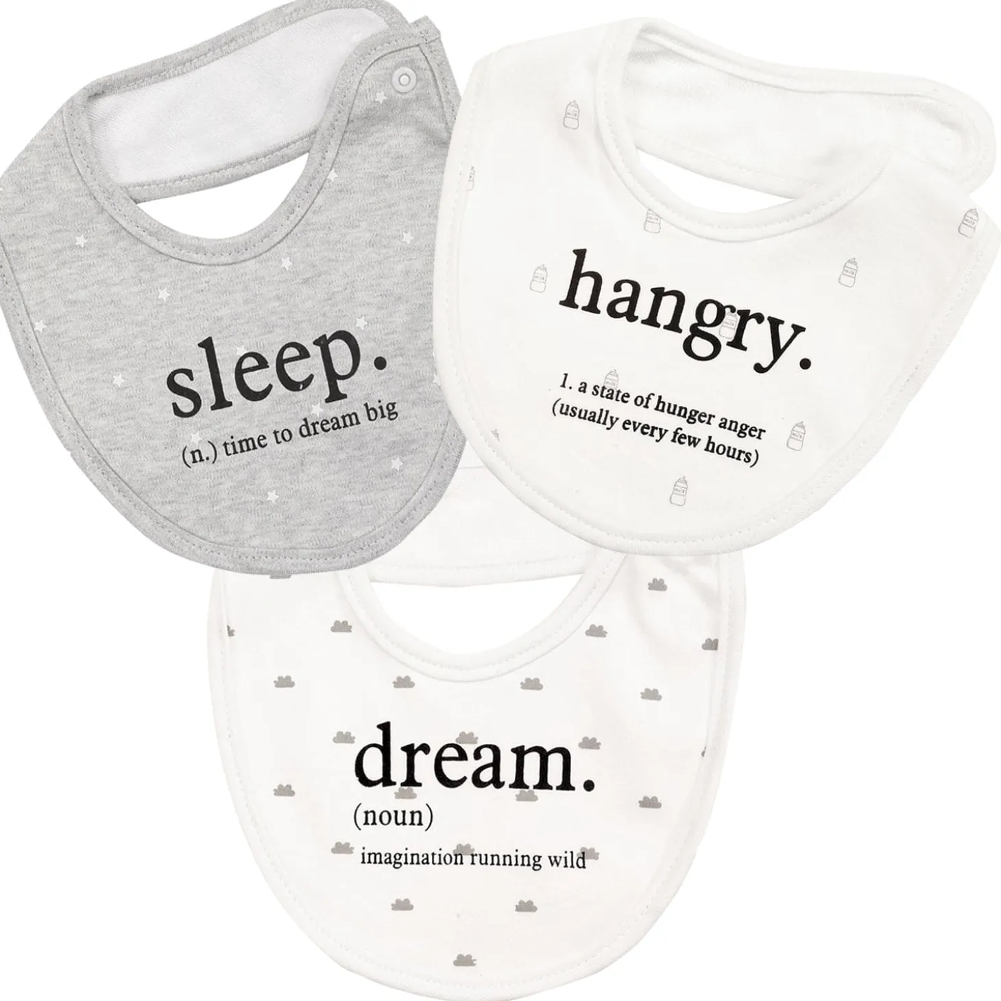 Eat, Sleep, Dream, Repeat Grey Tones 3 Pk Bibs