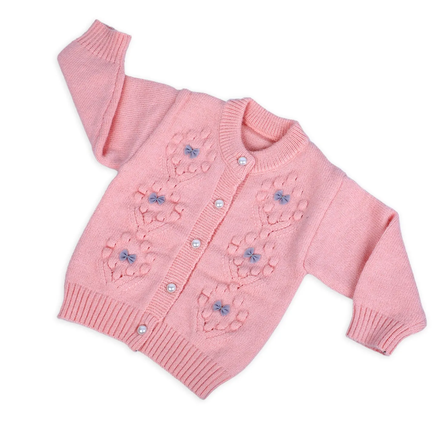 Elegant Bow And Pearl Buttons Premium Full Sleeves Knitted Sweater - Pink